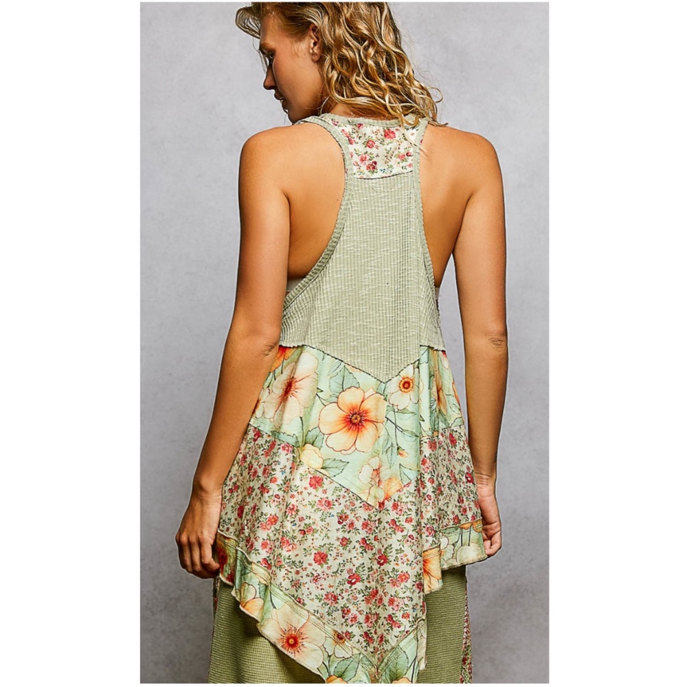 POL Sage Green Floral Print Sleeveless Ribbed Tunic Tank Top - Picture 4 of 5